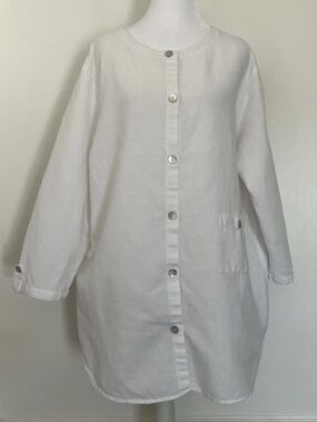 Hot Cotton Linen Blend White Shirt XL Lagenlook USA Coastal Artsy Tunic Button